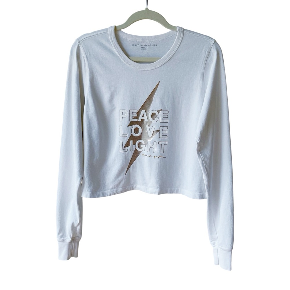 Spiritual Gangster Peace Love Light Cropped Long Sleeve White Tee Size M